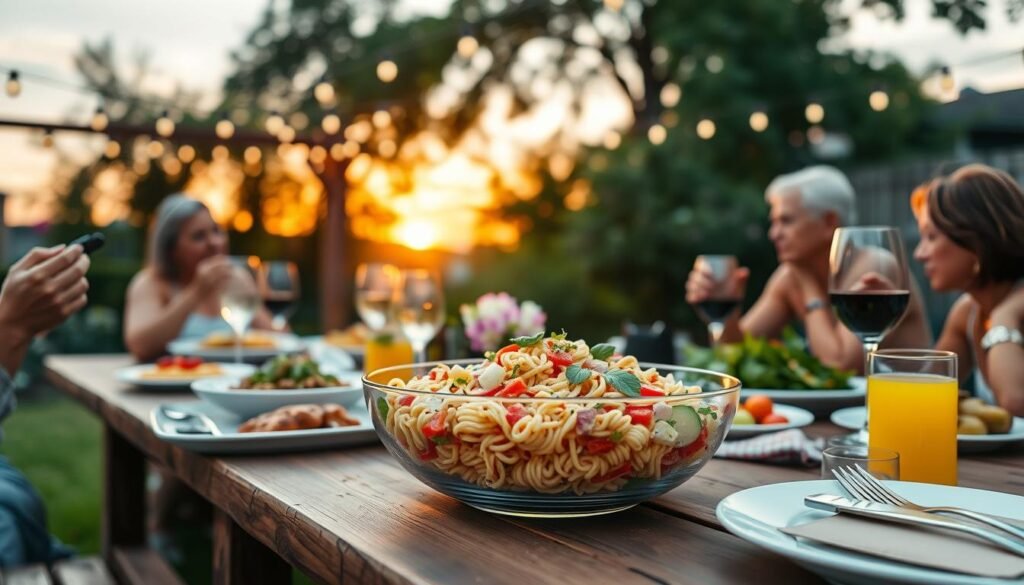 Summer outdoor dining scene with pasta salad and other seasonal dishes