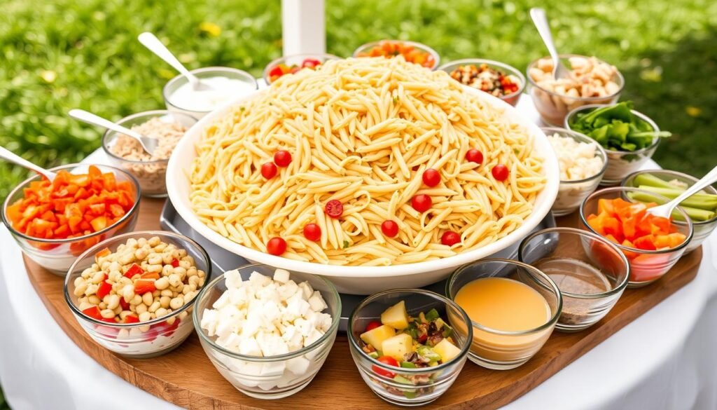 Summer pasta salad bar with various mix-ins and dressings