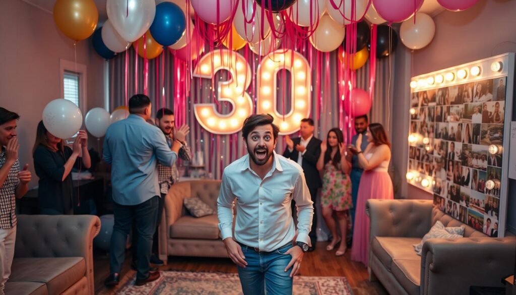 Surprise 30th birthday party reveal moment with guests hiding and birthday decorations