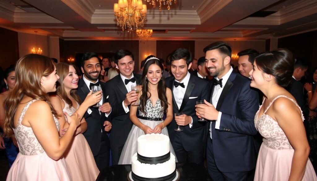 Sweet 16 celebrant surrounded by friends and family at their DTI party, all dressed formally and smiling Sweet 16 celebrant surrounded by friends and family at their DTI party, all dressed formally and smiling