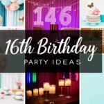 Sweet 16 party planning mood board with various theme ideas and color schemes