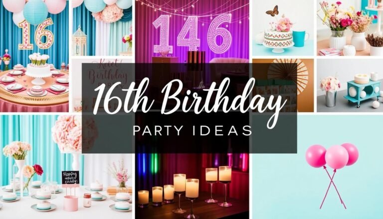 Sweet 16 party planning mood board with various theme ideas and color schemes
