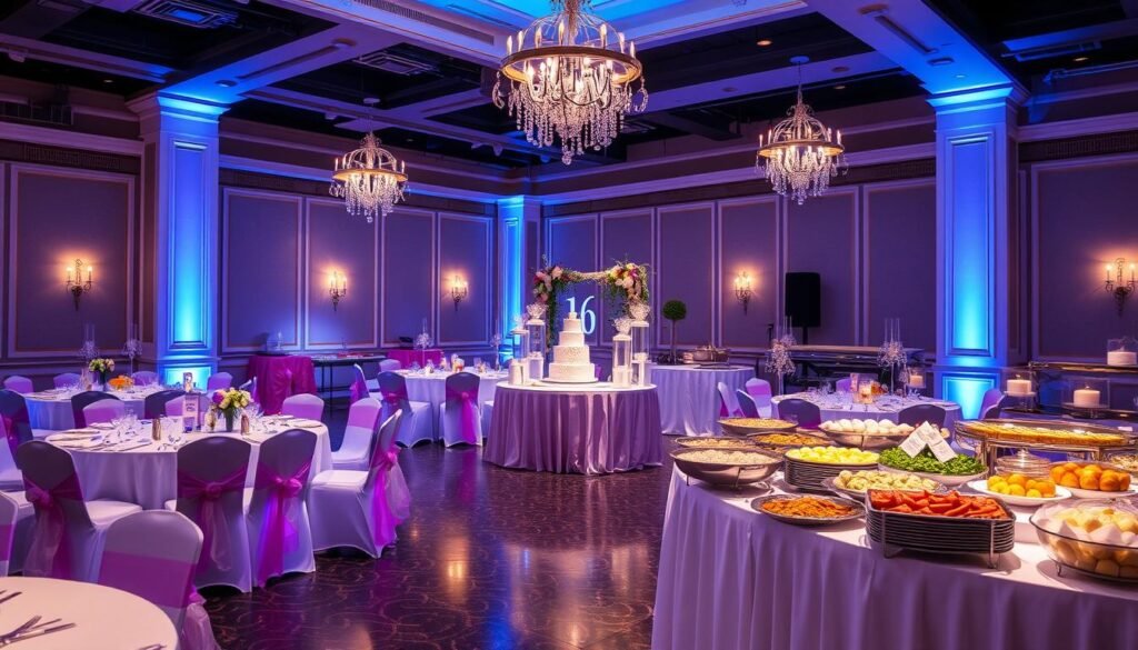 Sweet 16 party venue setup with decorated tables and food display