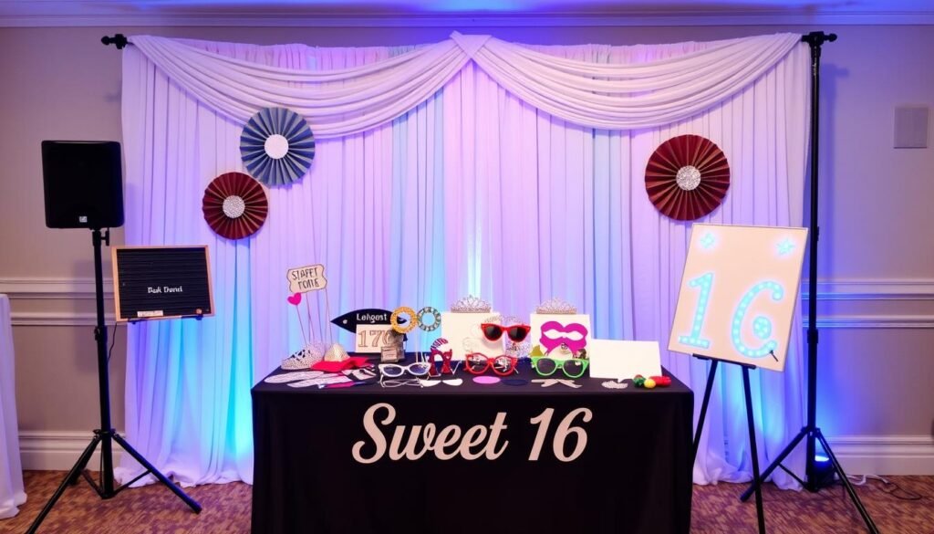 Sweet 16 photo booth setup with props and backdrop