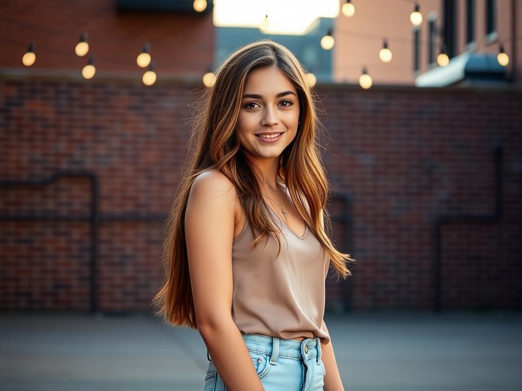 Sweet 16 photoshoot in urban setting with brick walls and string lights