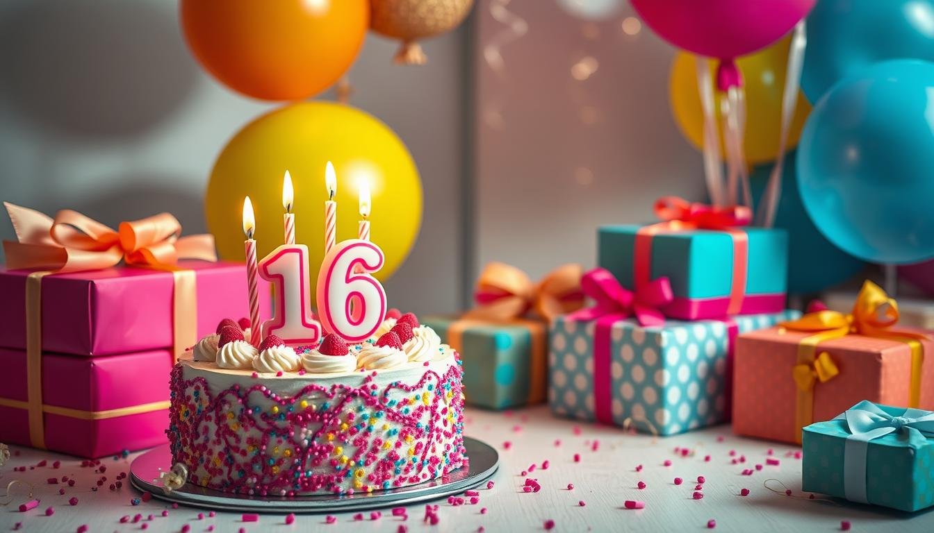 Sweet sixteen birthday celebration with cake, gifts, and decorations