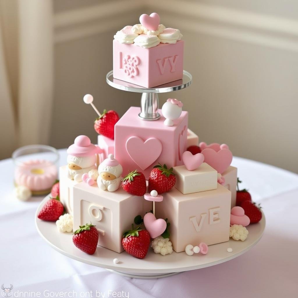 Sweet strawberry shortcake centerpiece for a baby shower with baby-themed elements