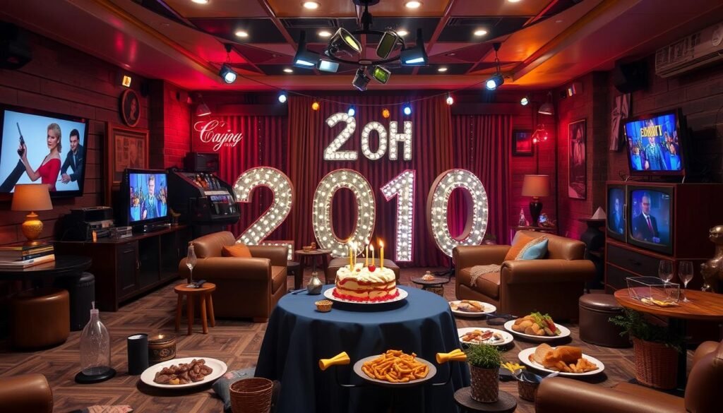 TV show themed 20th birthday party with set recreations and character references