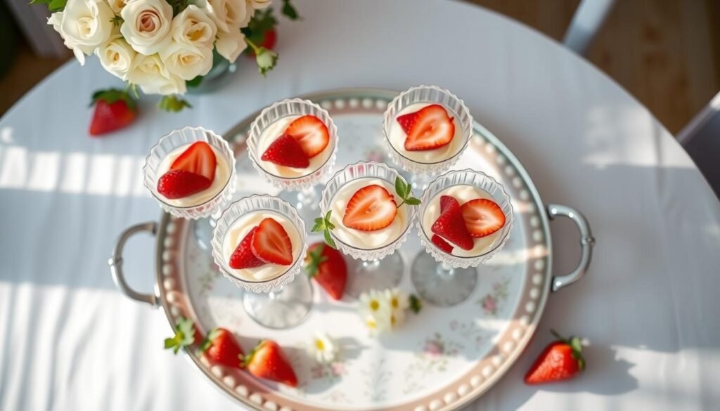 Table centerpiece with individual strawberry shortcake servings in decorative glasses