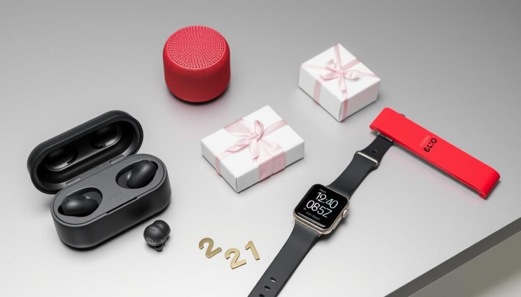 Tech gifts for 21st birthday including wireless earbuds, portable speakers, and smart devices
