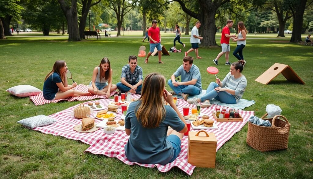 Teen birthday picnic in the park with games and food spread on blankets