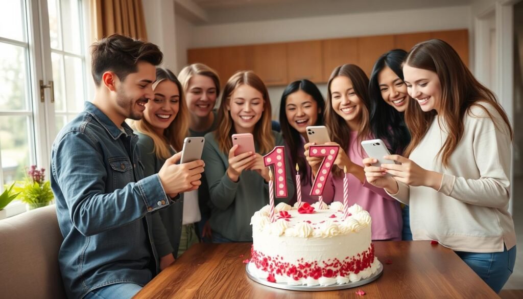 Teen celebrating with friends around a beautifully decorated 17th birthday cake Teen celebrating with friends around a beautifully decorated 17th birthday cake