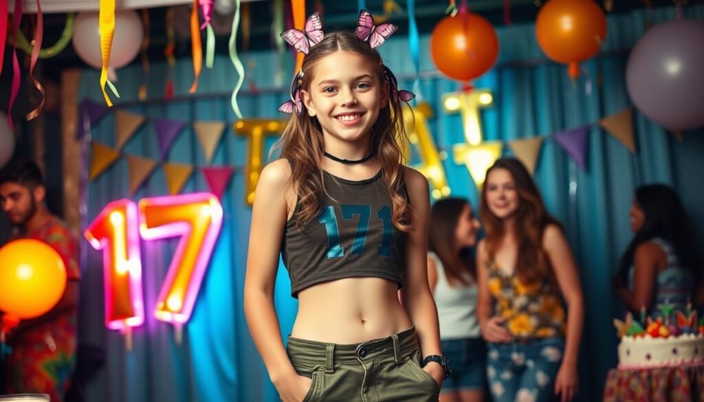 Teen girl in Y2K inspired outfit for themed 17th birthday party