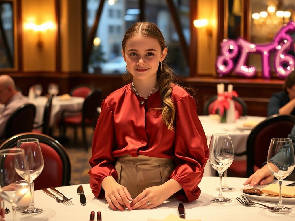 Teen girl in a chic semi-formal 16th birthday outfit at a restaurant celebration
