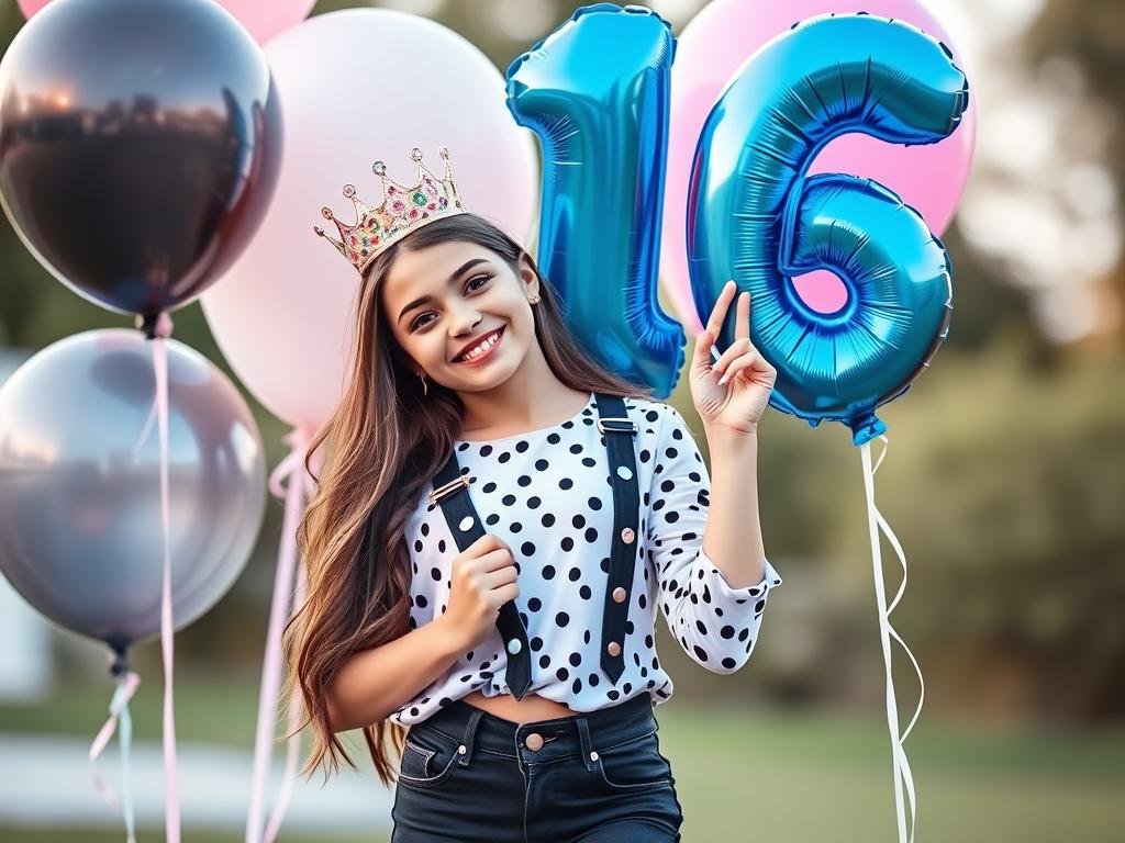 Teen girl in a photoshoot-ready 16th birthday outfit with balloons and props