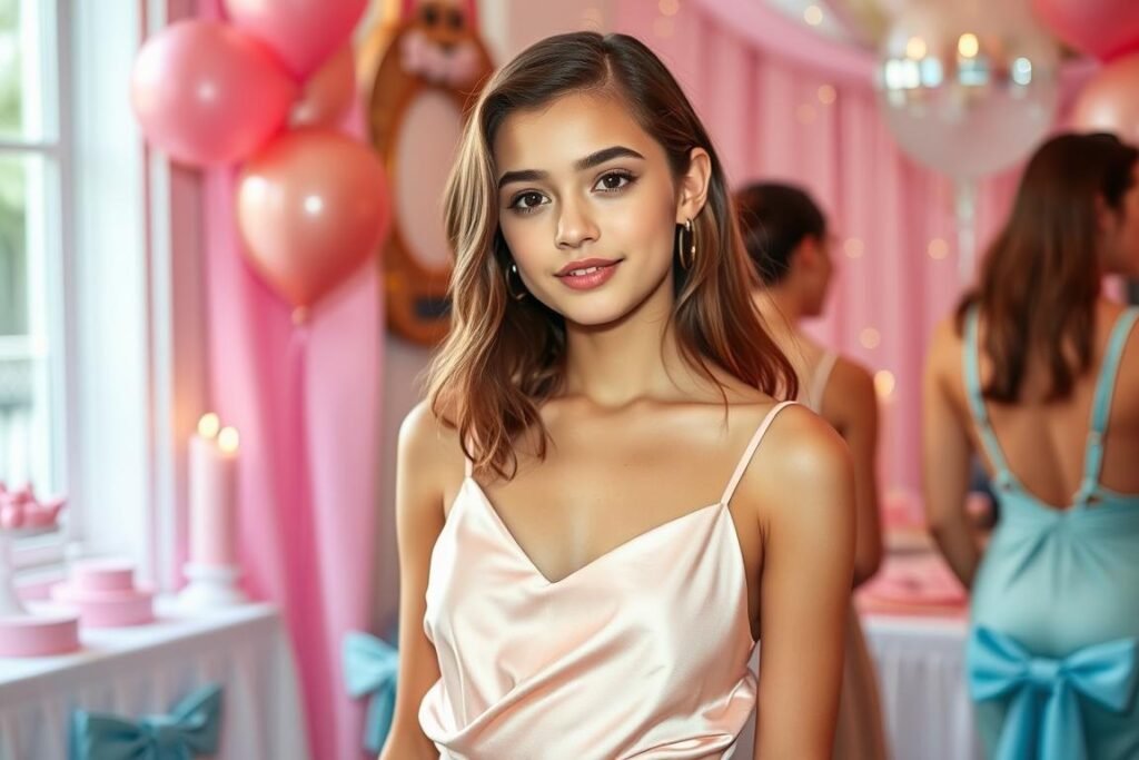 Teen girl in a silky satin slip dress for 17th birthday celebration