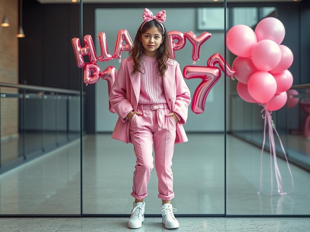 Teen girl in all-pink monochromatic outfit for 17th birthday