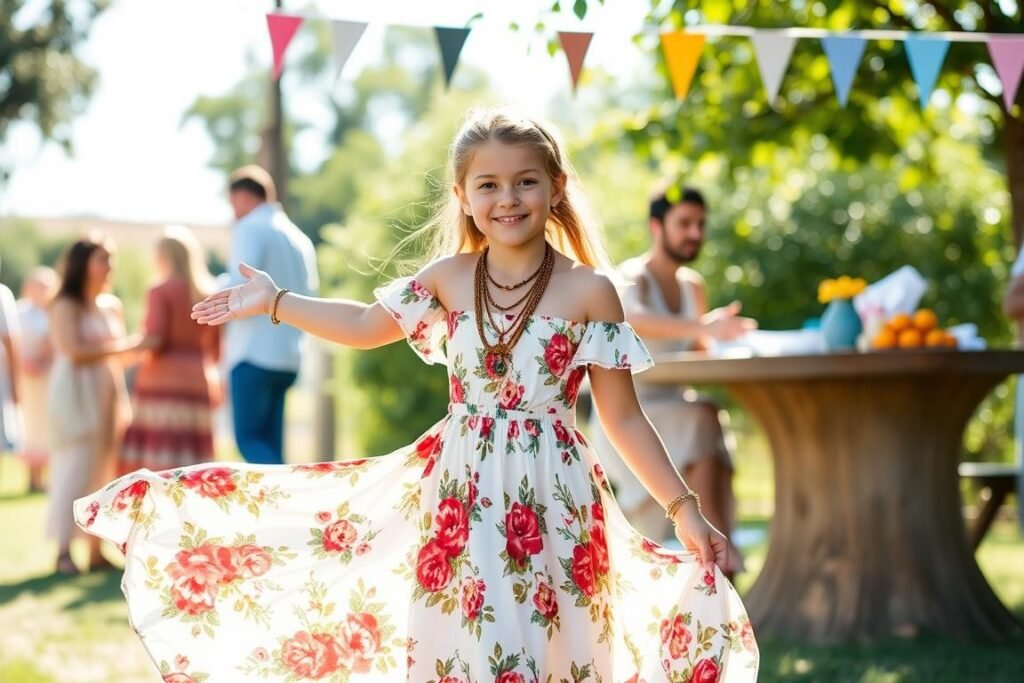 Teen girl in boho maxi dress for 17th birthday celebration