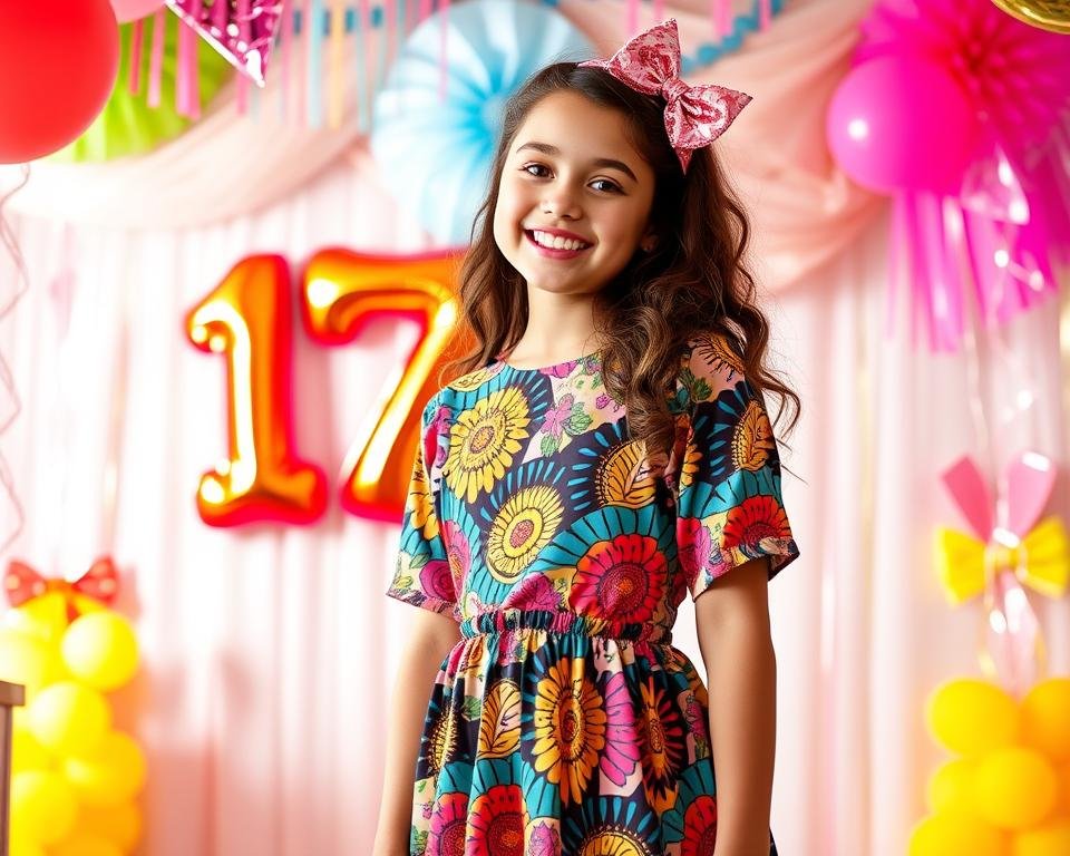 Teen girl in bold colorful dress for 17th birthday celebration