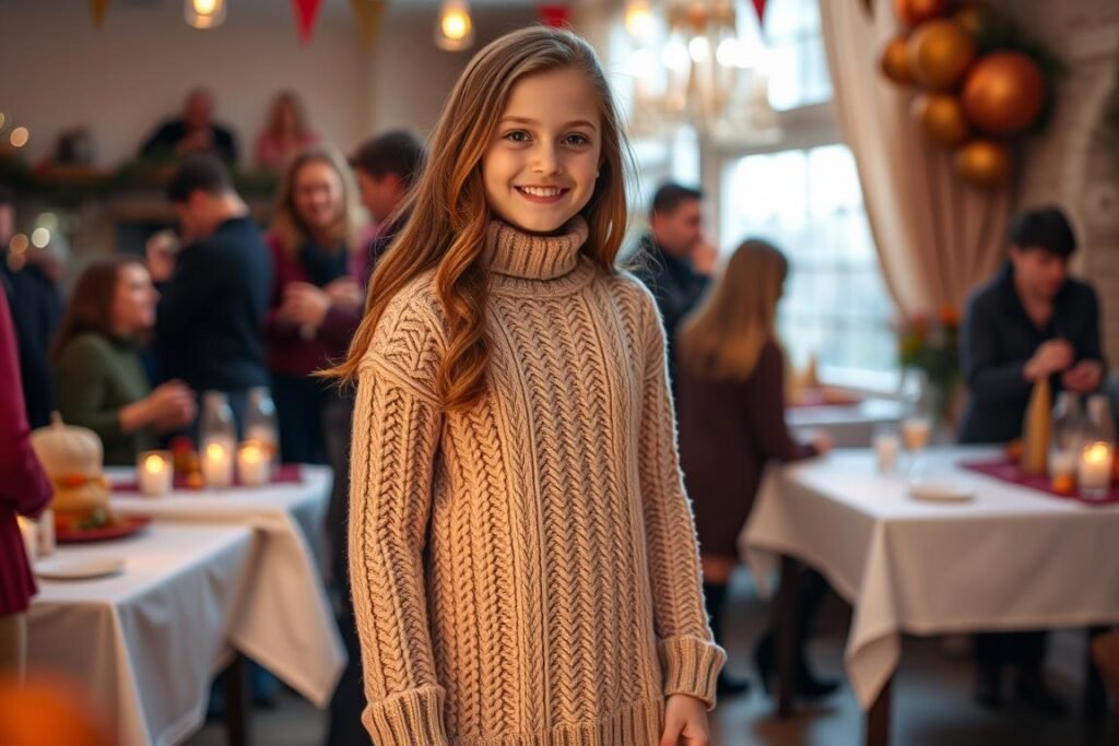 Teen girl in cozy sweater dress for fall 17th birthday