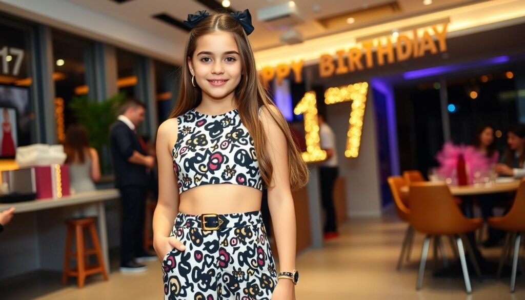 Teen girl in matching two-piece set for 17th birthday