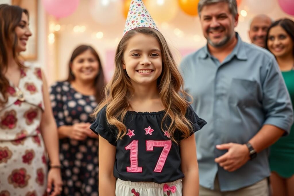 Teen girl in personalized custom outfit for 17th birthday