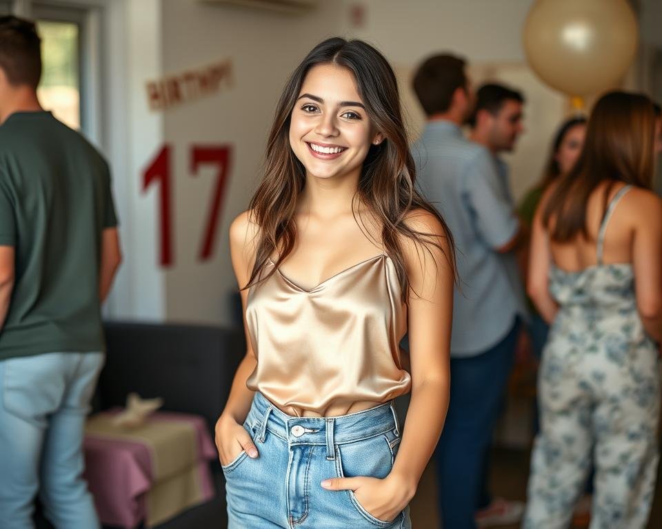 Teen girl in stylish jeans and silk top for casual 17th birthday celebration