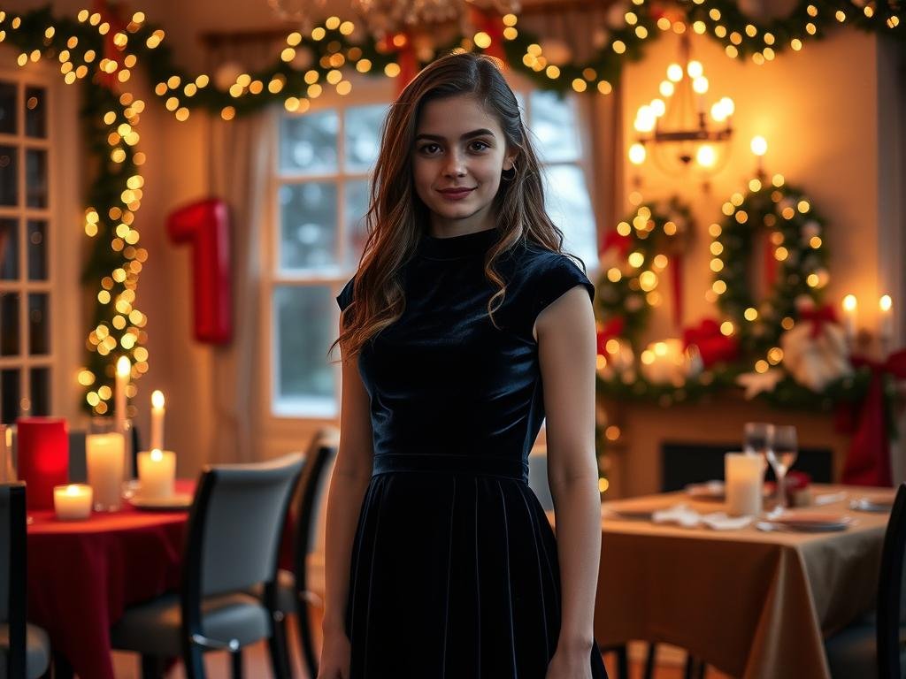 Teen girl in velvet dress for winter 17th birthday celebration