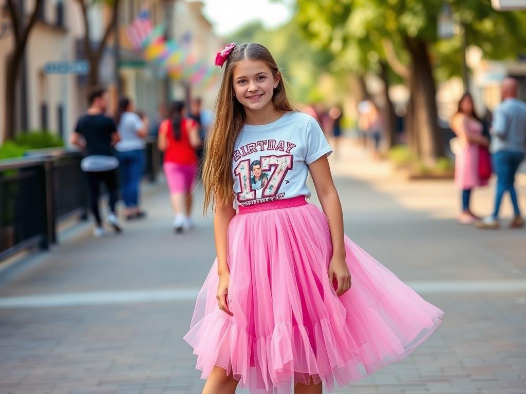 Teen girl wearing tulle skirt with graphic top for 17th birthday