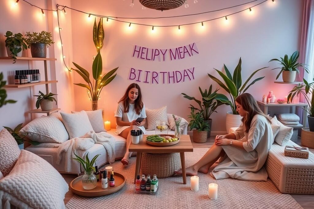 Teen spa party setup with facial masks, nail polish station and relaxation area