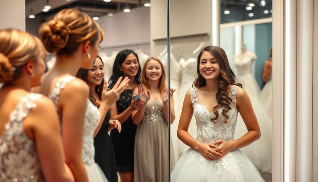 Teen trying on a Sweet 16 dress with friends or family giving opinions