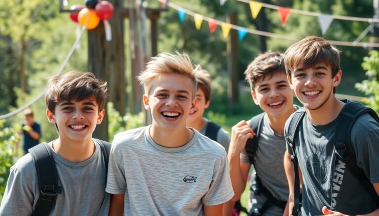 Teenage boys enjoying an outdoor adventure party with ziplines and climbing activities for a 16th birthday celebration
