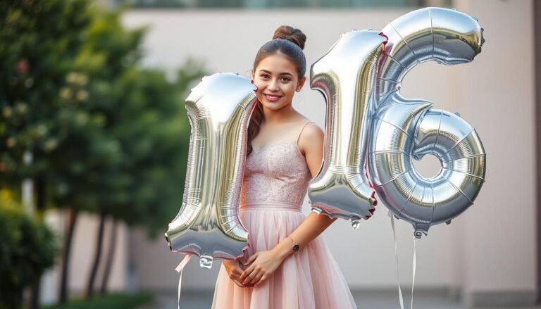 Teenage girl in elegant dress posing with number 16 balloons for her birthday photoshoot