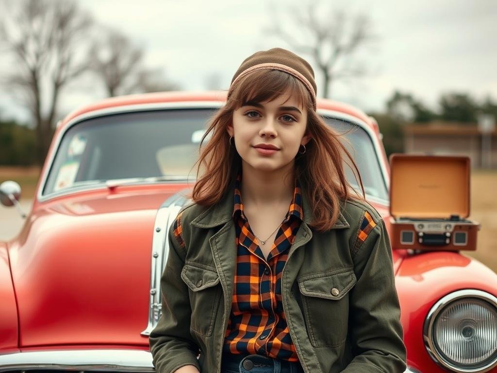 Teenager in vintage-inspired outfit for 17th birthday photoshoot with retro props and styling Teenager in vintage-inspired outfit for 17th birthday photoshoot with retro props and styling