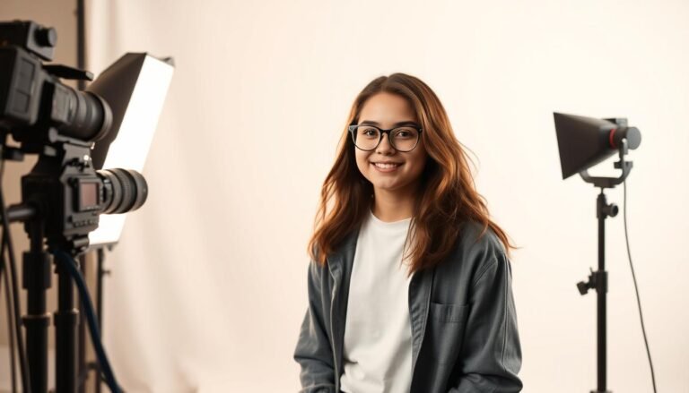 Teenager posing for classic 17th birthday portrait in a photo studio with simple backdrop