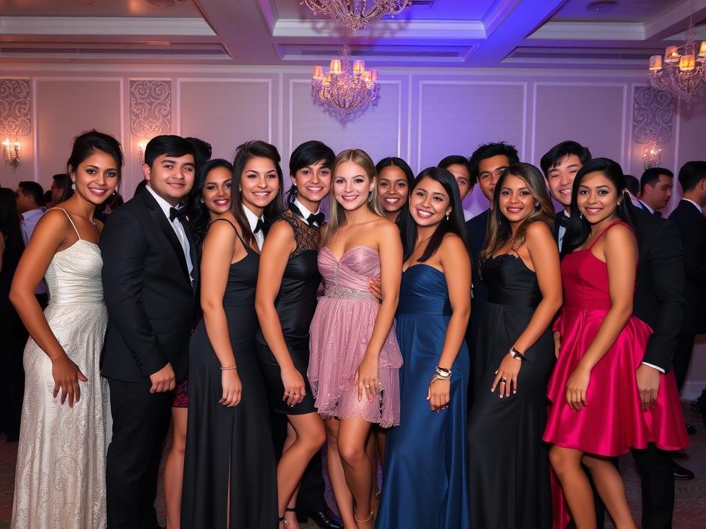 Teenagers dressed formally for a Sweet 16 DTI party, showing off their stylish outfits Teenagers dressed formally for a Sweet 16 DTI party, showing off their stylish outfits