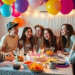 Teenagers enjoying a colorful birthday party with decorations and snacks