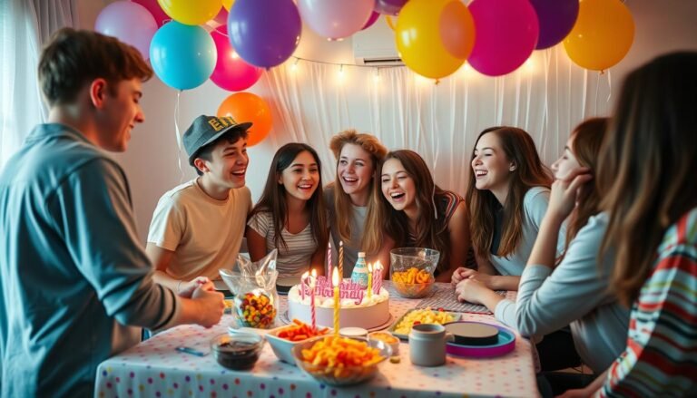 Teenagers enjoying a colorful birthday party with decorations and snacks