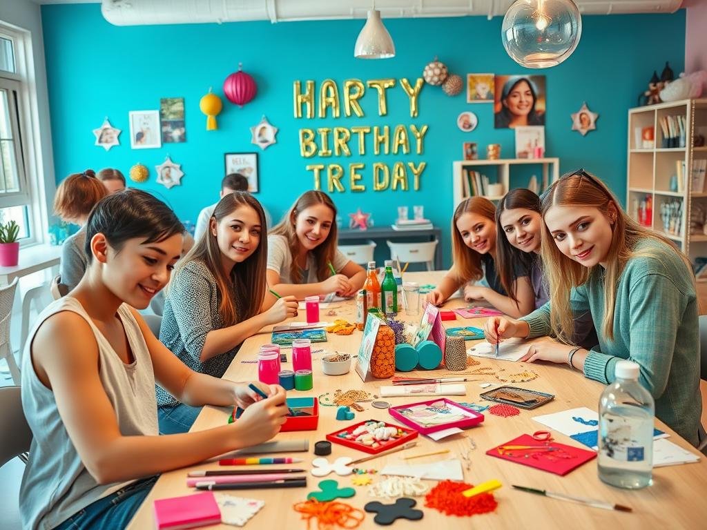 Teens at a DIY craft workshop birthday party making personalized items