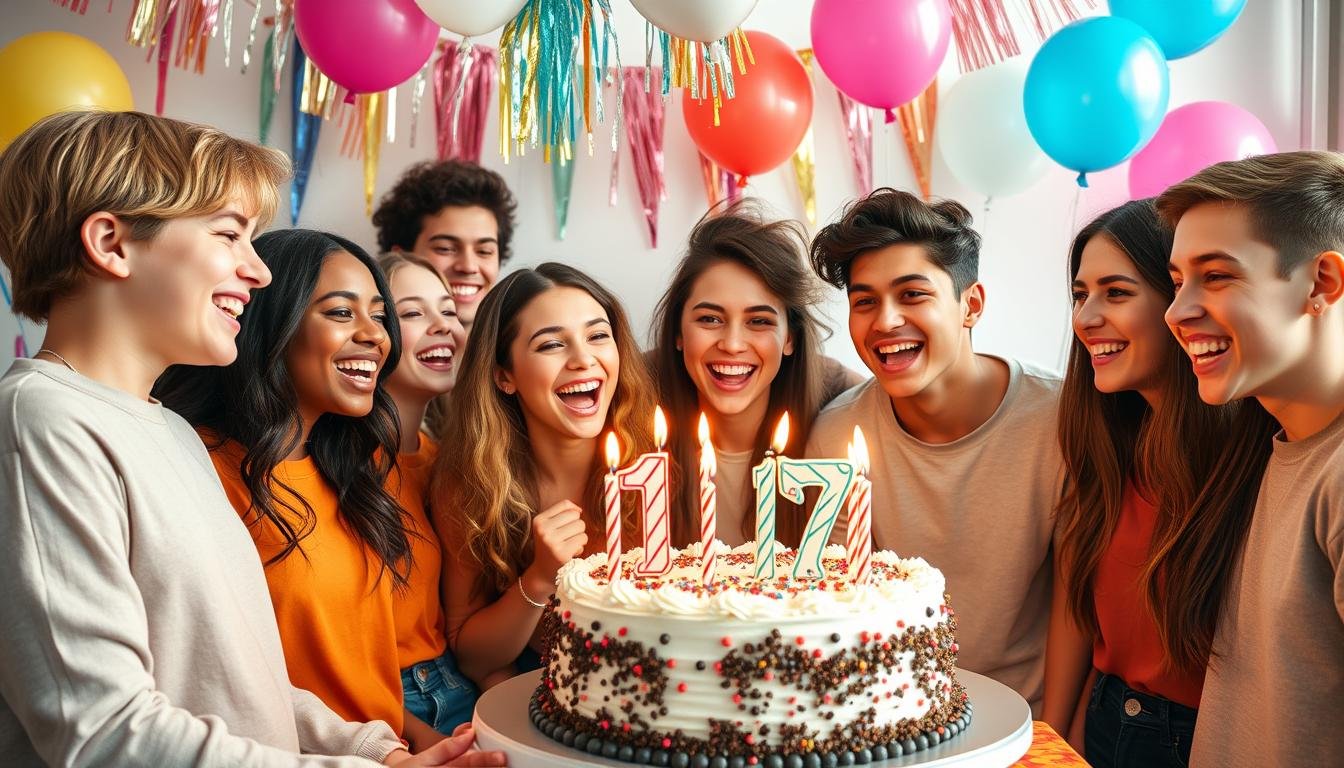 Teens celebrating a 17th birthday party with decorations and cake