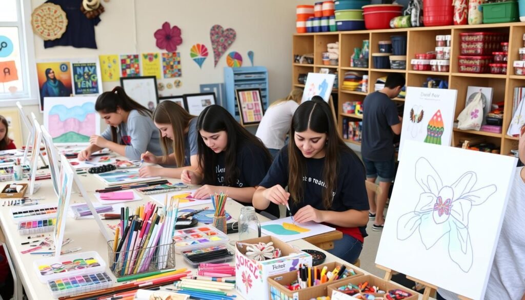 Teens creating art projects at a birthday party with various art supplies