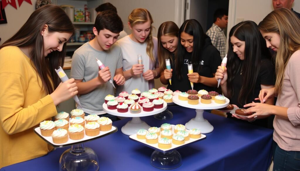 Teens decorating cupcakes and cookies with various frostings and toppings
