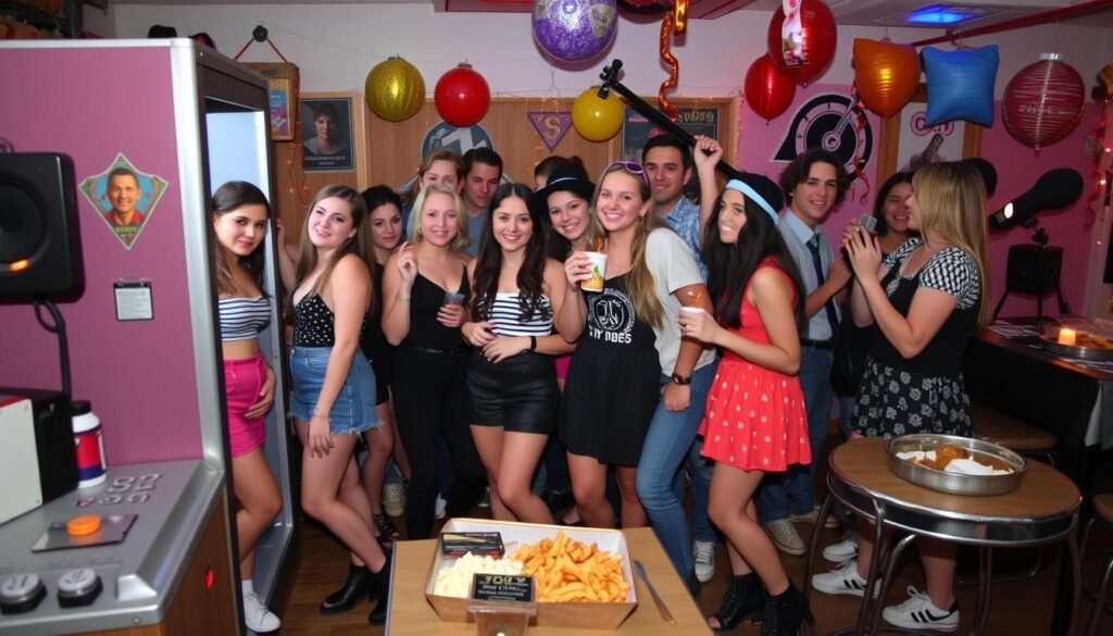 Teens dressed in retro outfits from different decades at a themed birthday party