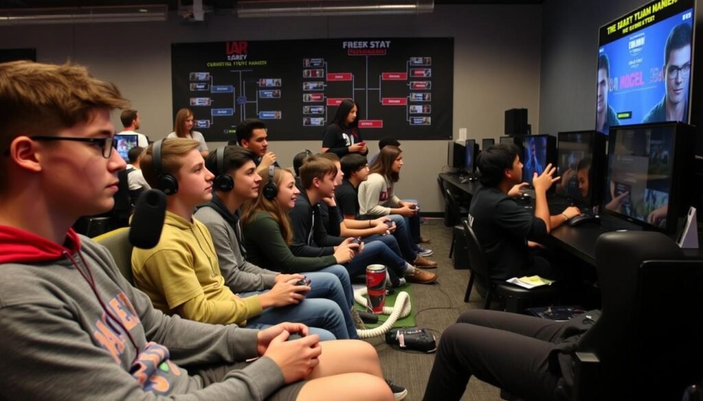 Teens engaged in a video game tournament with multiple gaming stations