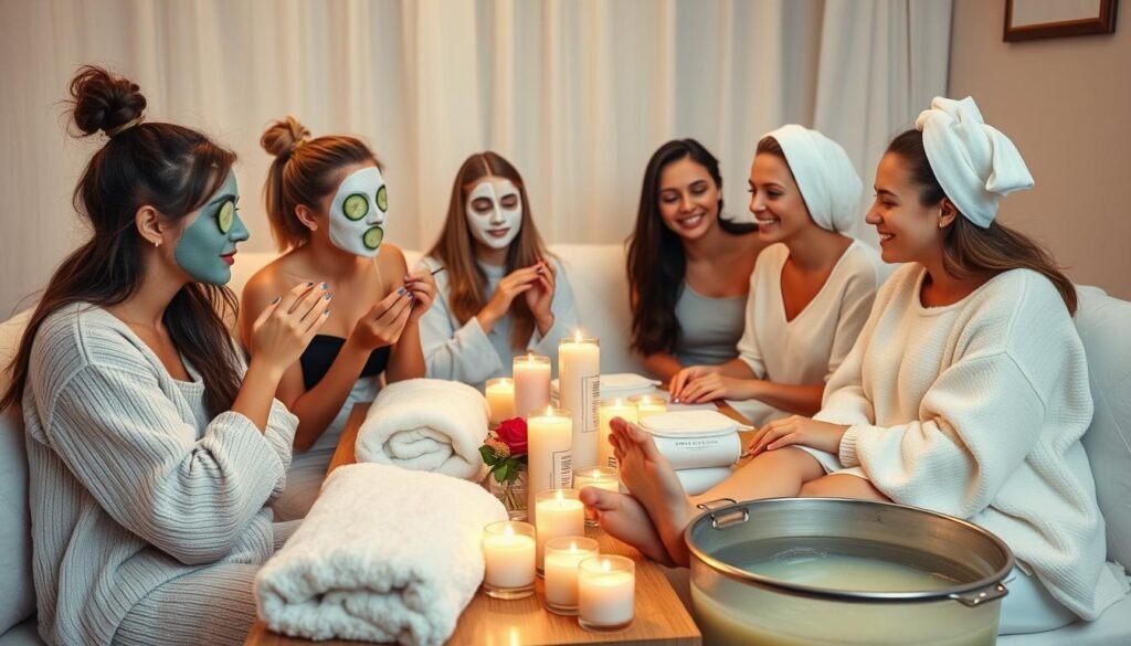 Teens enjoying a DIY spa day with face masks and nail polish at a birthday party