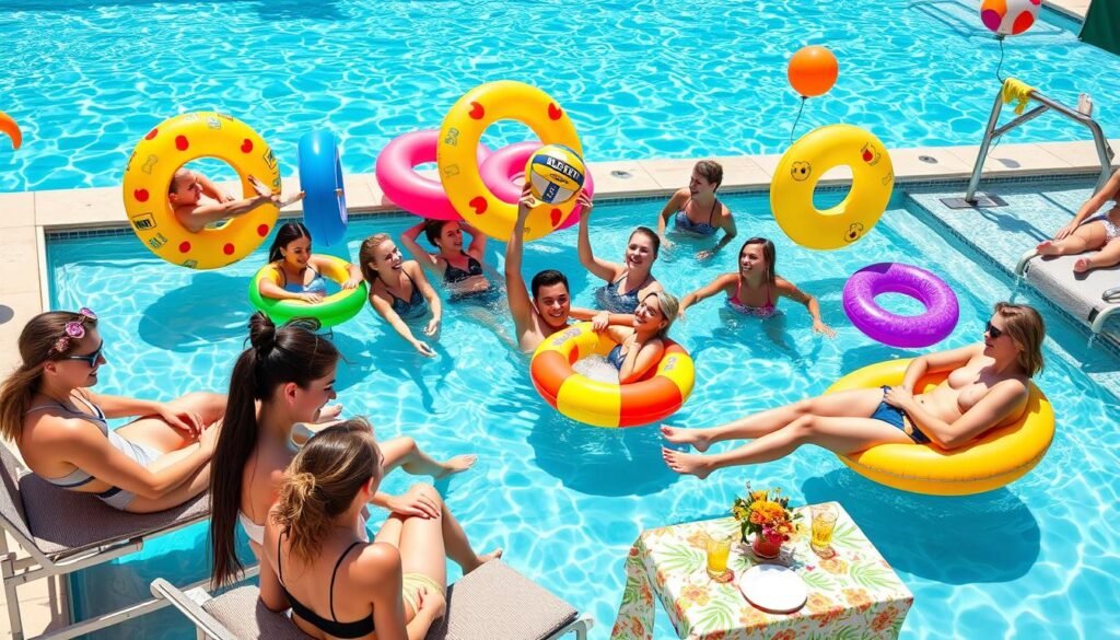 Teens enjoying a pool party with floats, games, and poolside refreshments