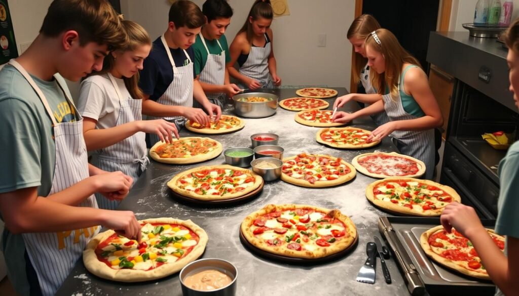 Teens making their own pizzas with various toppings at a birthday party