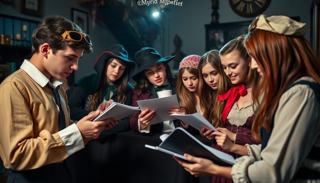 Teens playing a murder mystery game at 17th birthday party