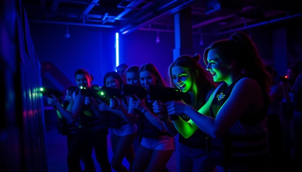 Teens playing laser tag in a neon-lit arena for a birthday celebration