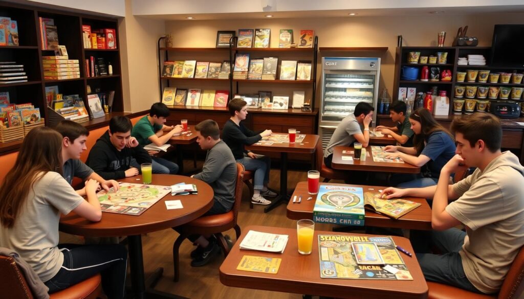 Teens playing various board games at tables with café-style refreshments